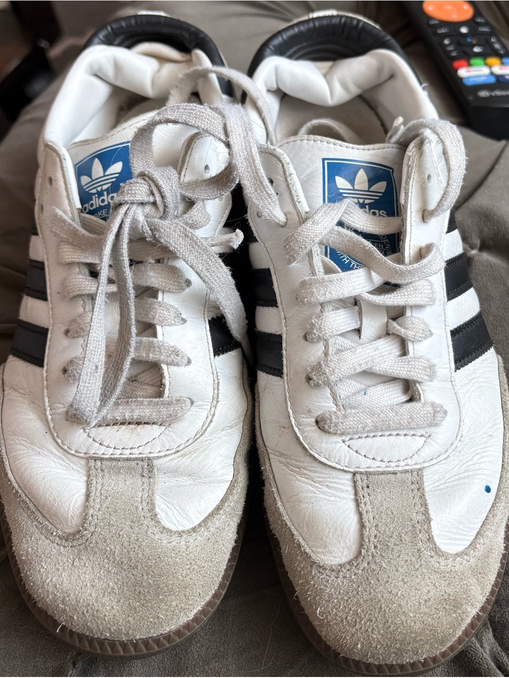 adidas White Sneakers with Black Stripes and Gum Soles